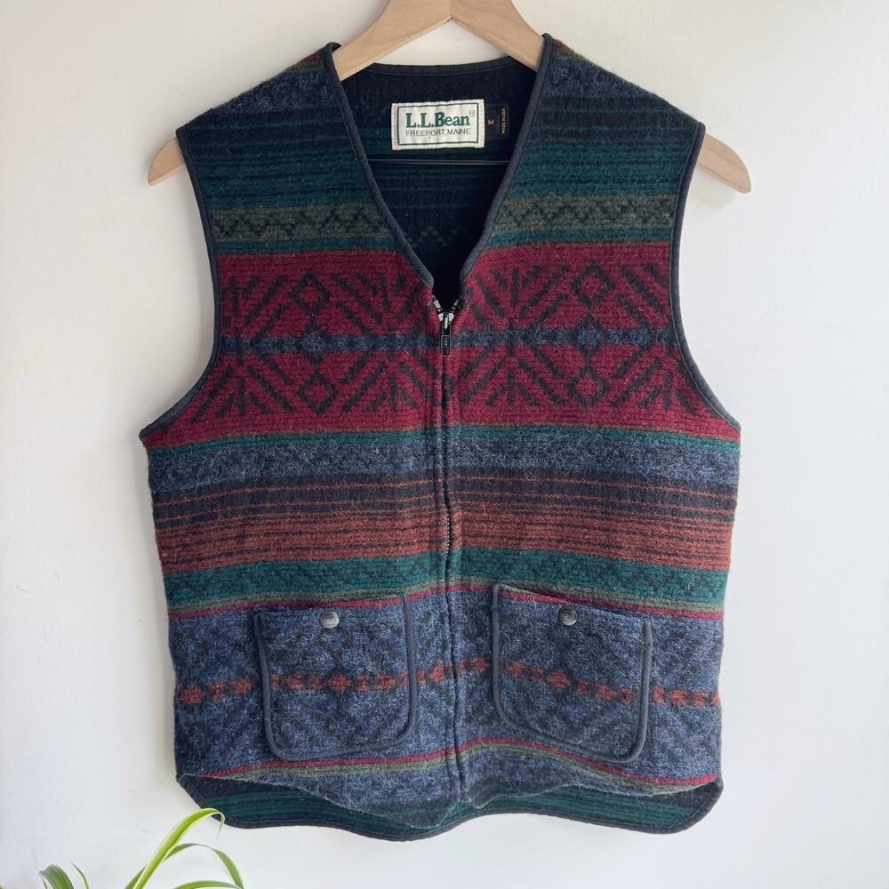 Vintage L.L. Bean Wool Geometric Fair Isle Stripe Wool Zip Vest Size M